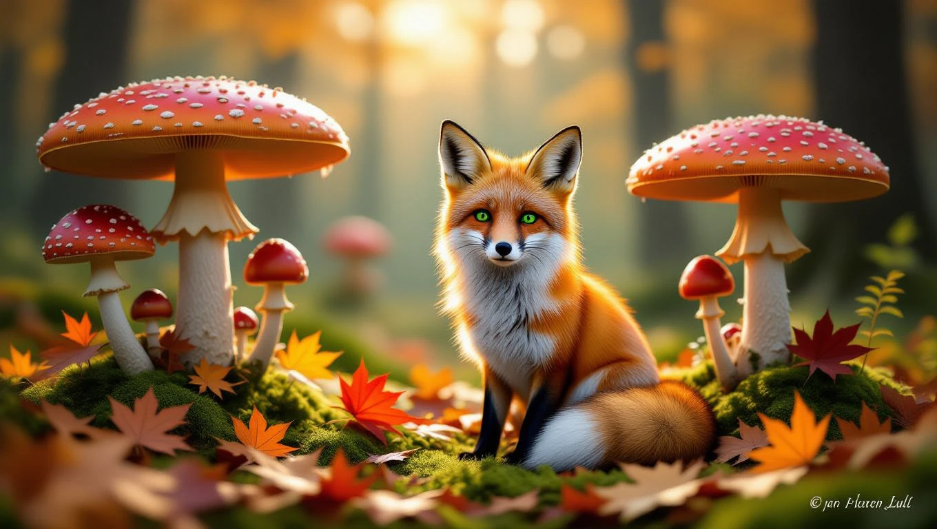 Ein roter Fuchs sitzt zwischen bunten Pilzen im herbstlichen Wald.