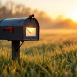 Ein Briefkasten in der Morgensonne, umgeben von grünem Gras.