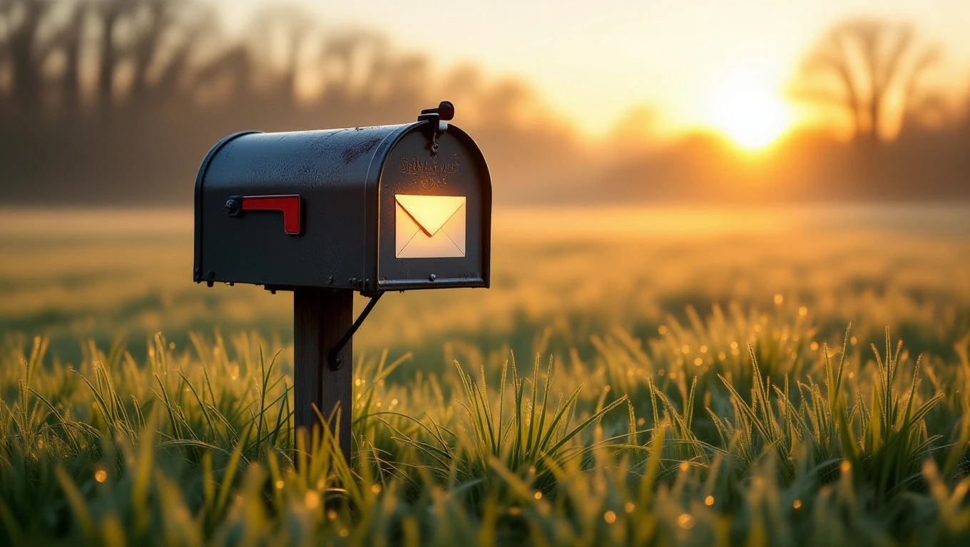 Ein Briefkasten in der Morgensonne, umgeben von grünem Gras.