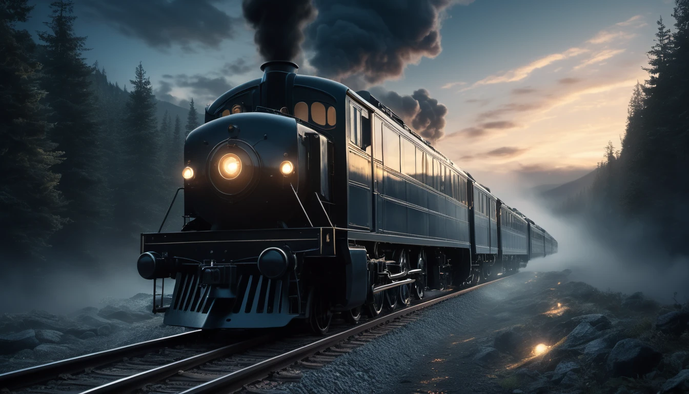 Eine dampfende Lokomotive fährt durch eine neblige Waldlandschaft.