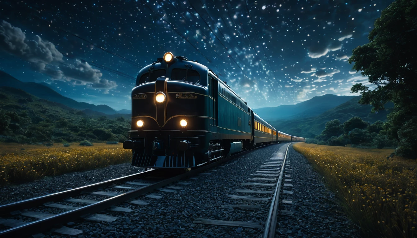Ein nostalgischer Zug fährt durch eine ruhige Landschaft unter einem sternenklaren Himmel.