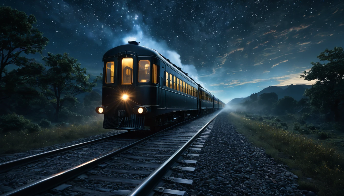 Ein nostalgischer Zug fährt durch eine ruhige, sternenklare Nachtlandschaft.