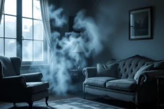 Ein nebliges Zimmer mit einem bequemen Sessel und einem Sofa, das eine geheimnisvolle Atmosphäre schafft.