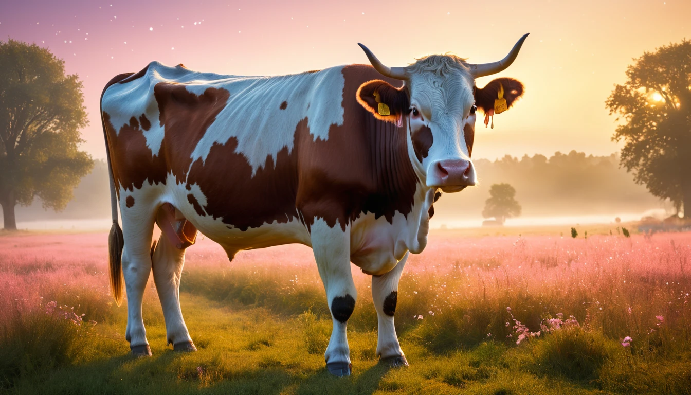 Eine braun-weiße Kuh steht auf einer blühenden Wiese im Morgenlicht.