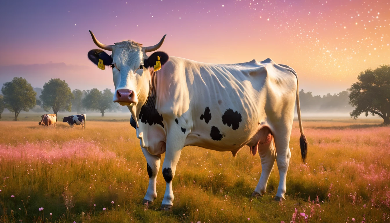 Eine schwarz-weiße Kuh steht auf einer blühenden Wiese bei Sonnenuntergang.