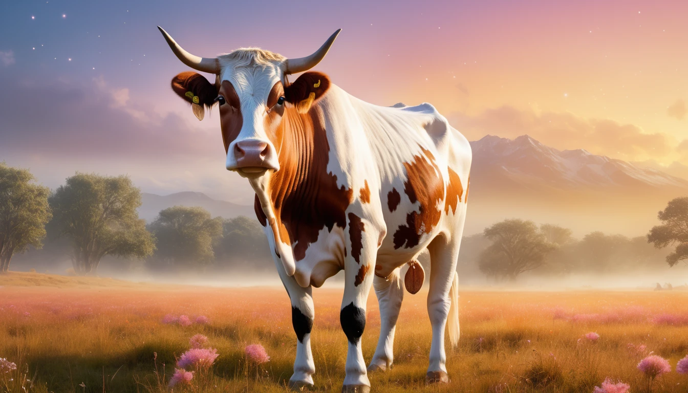 Eine braun-weiße Kuh steht in einer blühenden Wiese bei Sonnenuntergang.