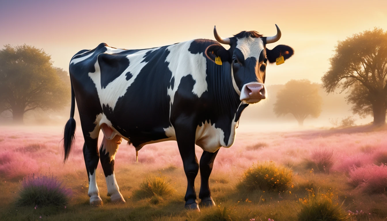 Eine schwarz-weiße Kuh steht in einer blühenden, nebligen Landschaft.