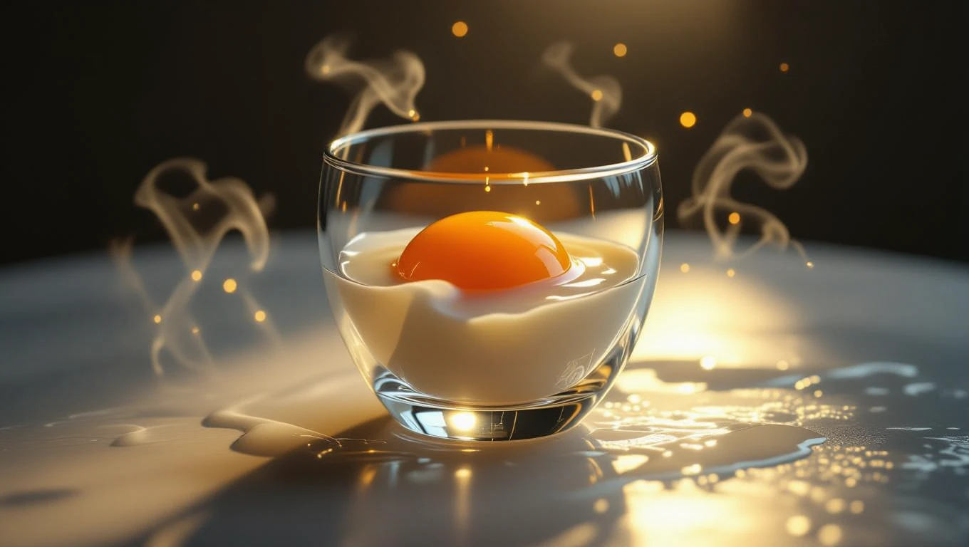 Ein rohes Ei in einem Glas, das frisches Potenzial und Neuanfänge symbolisiert.