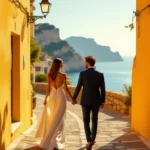 Ein Paar hält Händchen und spaziert an einer sonnigen Küstenstraße entlang.