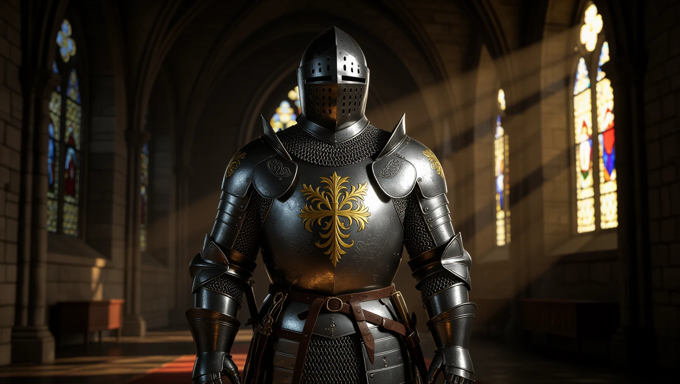 Ein Ritter in glänzender Rüstung steht in einer Kirche mit bunten Fenstern.