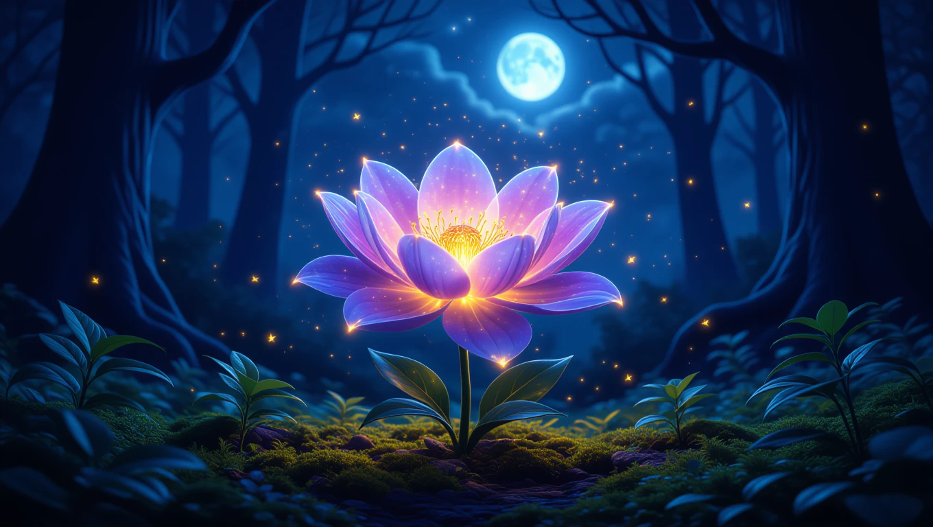 Eine leuchtende Blume in einem mystischen Wald unter dem Mondlicht.
