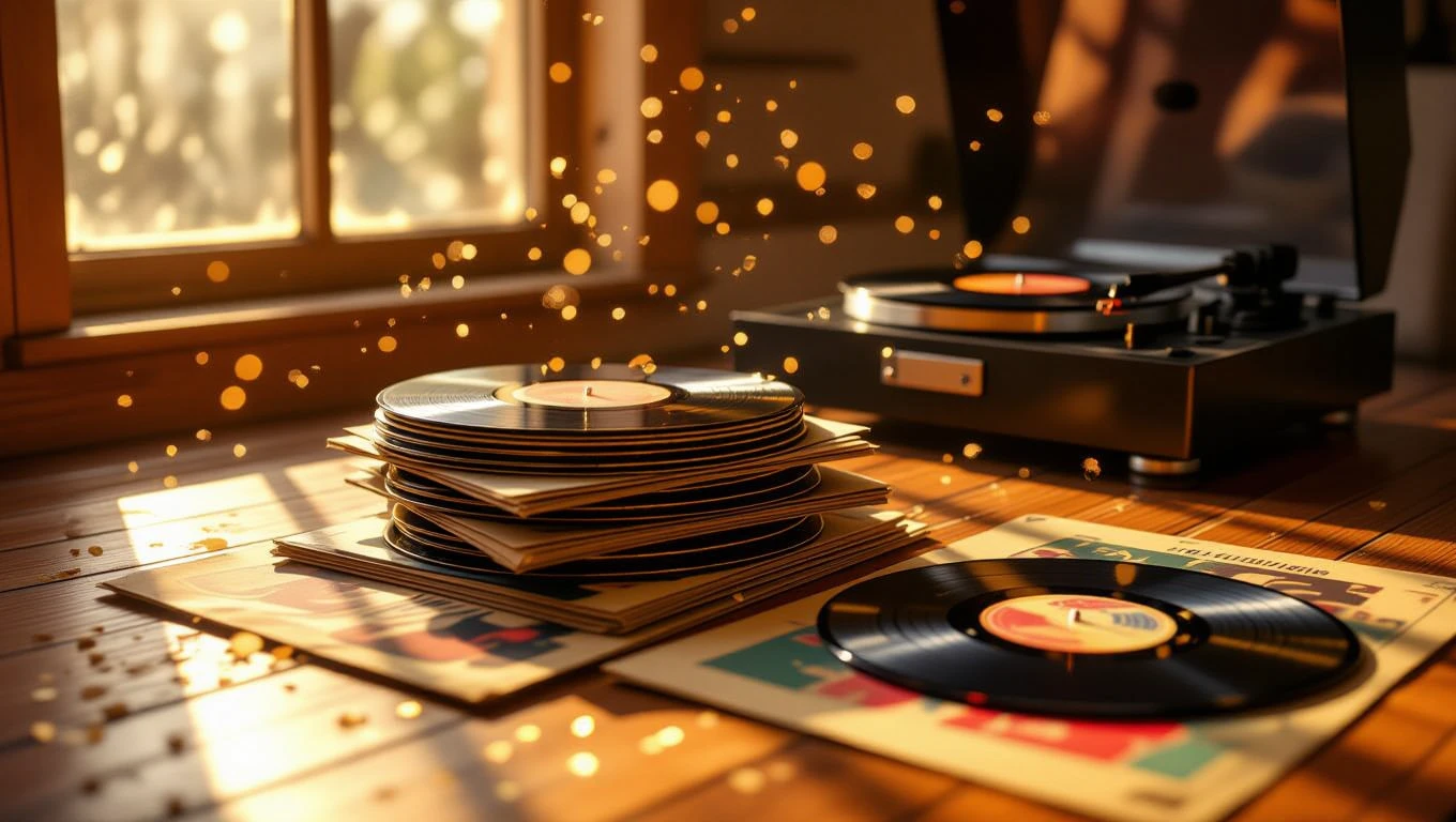 Ein Stapel Schallplatten liegt auf einem Holztisch neben einem Plattenspieler.