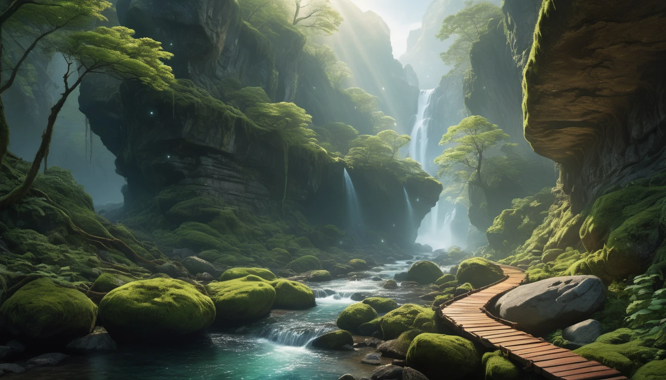 Eine malerische Schlucht mit Wasserfall, üppigem Grün und einem Holzsteg.