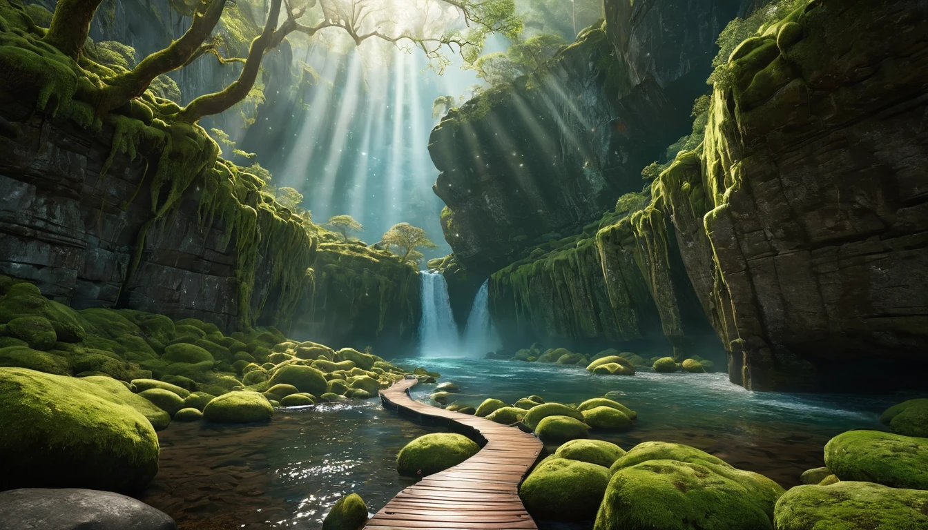 Eine malerische Schlucht mit Wasserfall, umgeben von moosbedeckten Felsen und Bäumen.