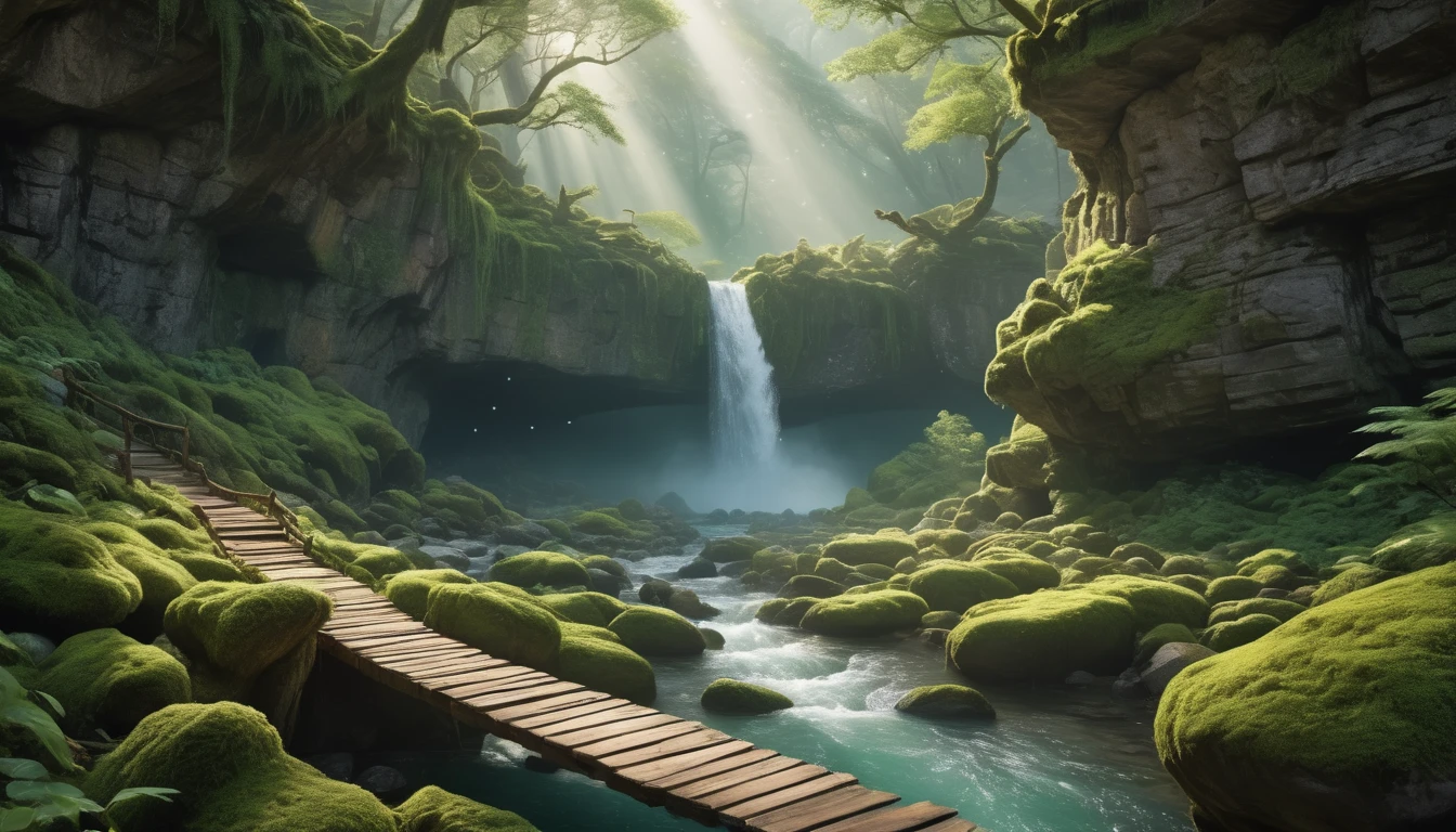 Eine malerische Schlucht mit einem Wasserfall, umgeben von üppigem Grün und sanften Lichtstrahlen.