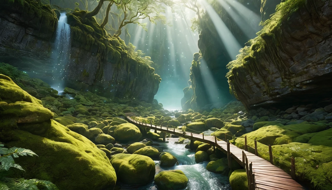 Eine malerische Schlucht mit moosbedeckten Felsen und einem sanften Wasserlauf.