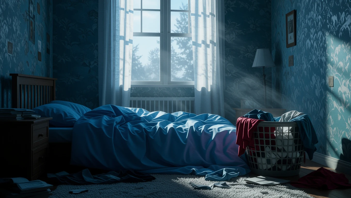 Ein unordentliches Schlafzimmer mit einem Bett und einem Wäschekorb voller Kleidung.