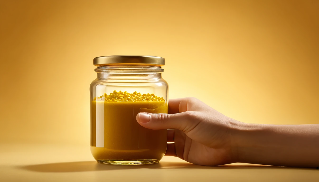 Ein Glas mit Senf, das von einer Hand gehalten wird, vor einem gelben Hintergrund.