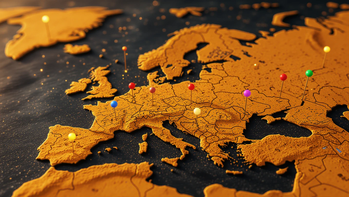 Eine detailreiche Karte Europas mit bunten Stecknadeln, die wichtige Orte markieren.