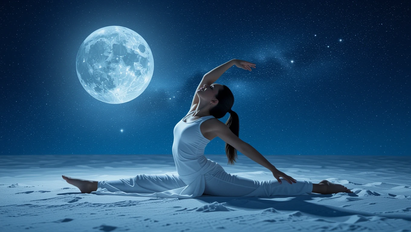 Eine Frau dehnt sich unter dem Vollmond in einer ruhigen Nacht.