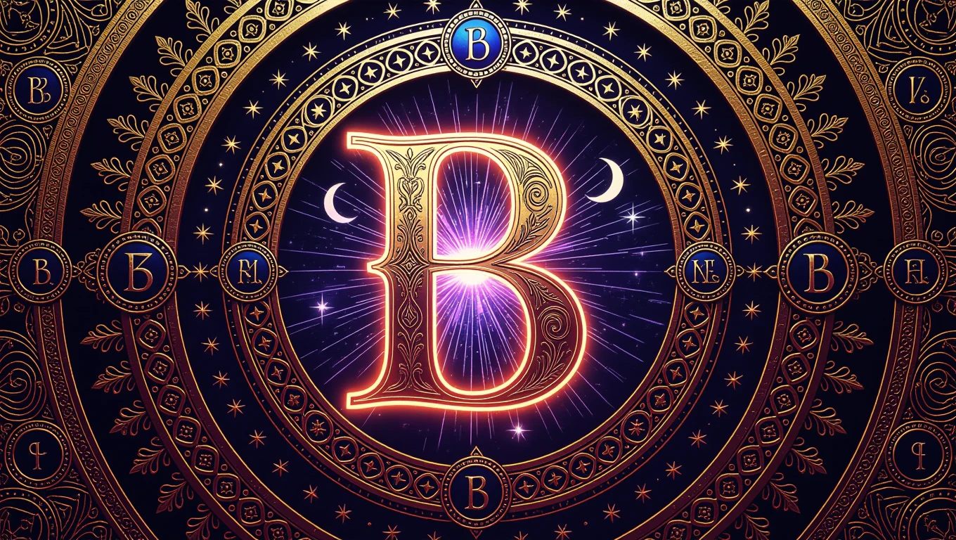 Ein kunstvolles Symbol mit dem Buchstaben B, umgeben von mystischen Elementen und Sternen.