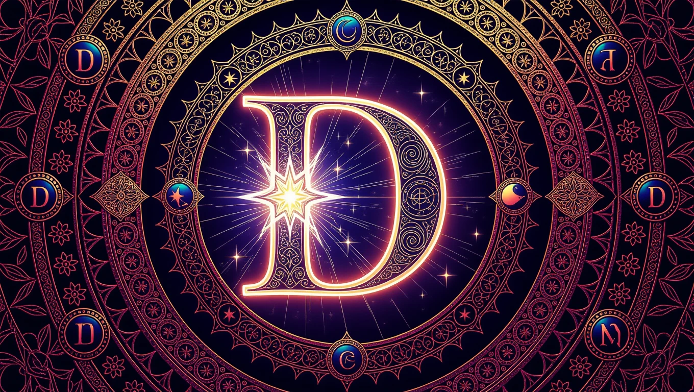 Ein kunstvolles Mandala mit dem Buchstaben D und mystischen Symbolen.