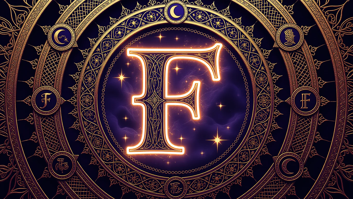 Ein kunstvolles Mandala mit dem Buchstaben F und mystischen Symbolen.