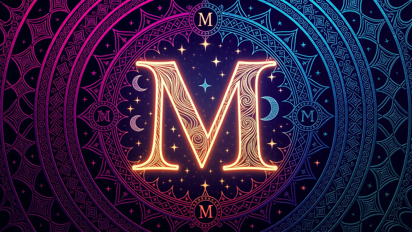 Ein kunstvolles Mandala mit dem Buchstaben M, umgeben von Sternen und Mondsymbolen.