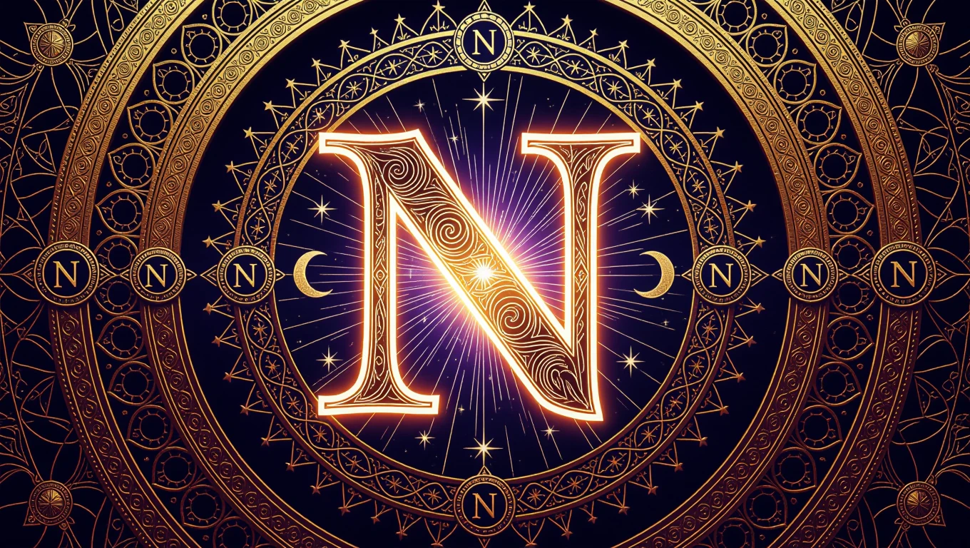 Ein kunstvolles, goldenes Symbol mit dem Buchstaben N, umgeben von mystischen Mustern.