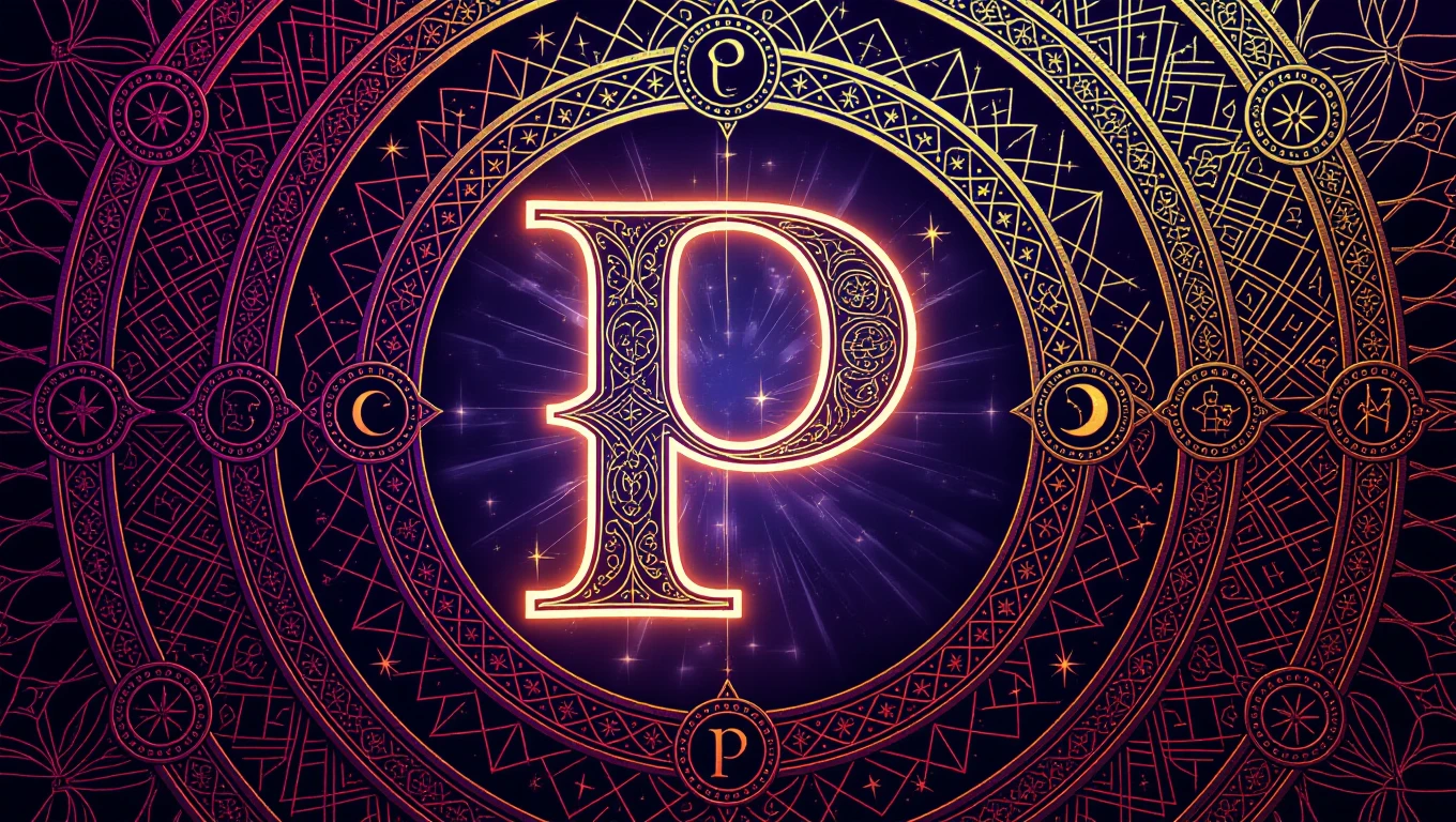Ein kunstvolles Symbol mit dem Buchstaben P, umgeben von mystischen Mustern.