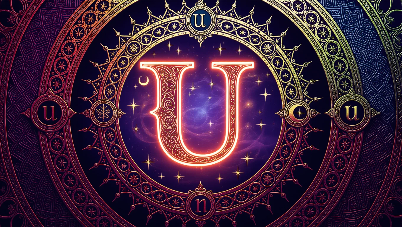 Ein kunstvolles Mandala mit dem Buchstaben U, umgeben von mystischen Symbolen.