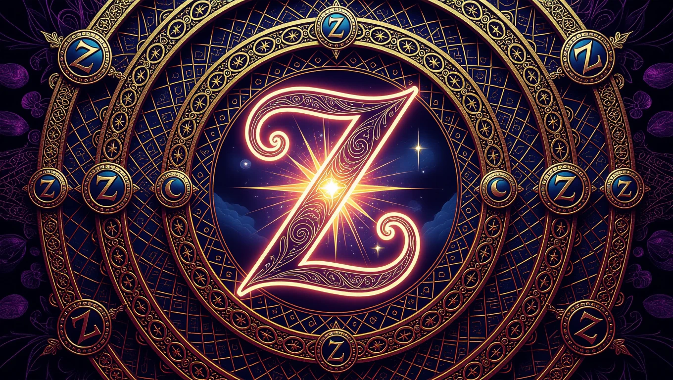 Ein kunstvolles Symbol mit dem Buchstaben Z, umgeben von mystischen Mustern und Sternen.