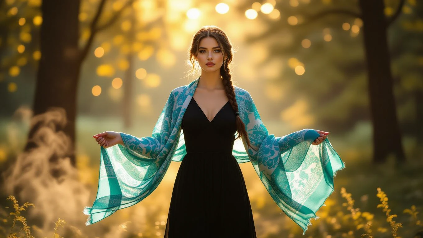 Eine Frau in einem schwarzen Kleid hält ein farbenfrohes Tuch in der Natur.