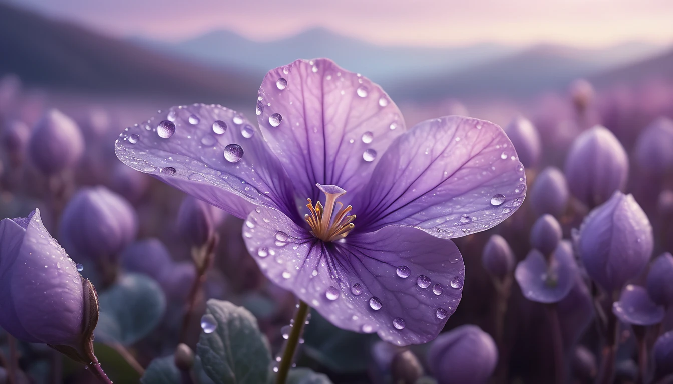 Eine violette Veilchenblüte mit Wassertropfen, umgeben von weiteren Blüten.