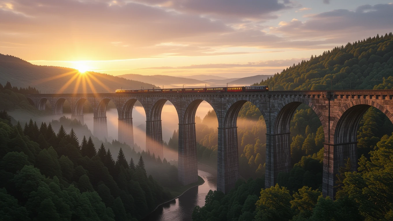 Ein Viadukt in der Morgensonne, umgeben von grünen Wäldern und Nebel.