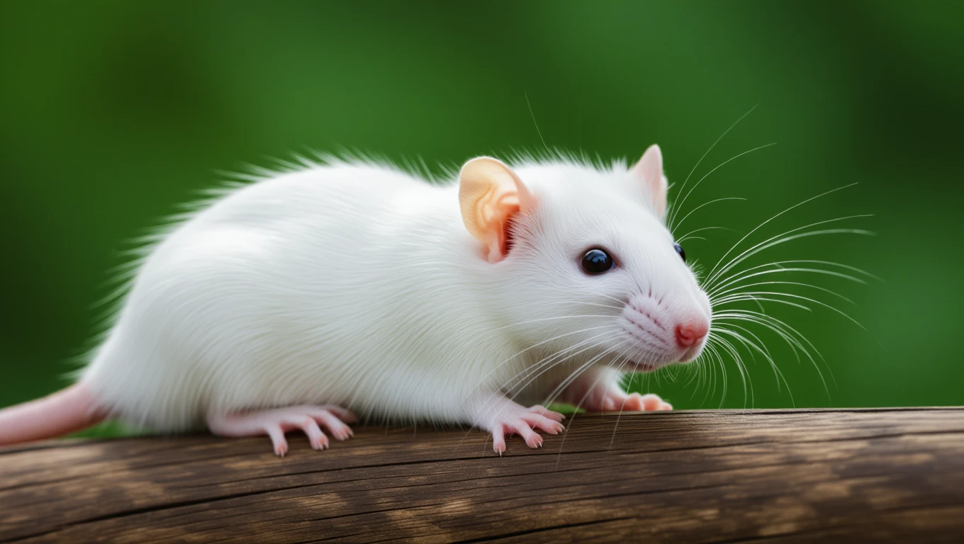Eine weiße Ratte sitzt auf einem Holzbrett und schaut neugierig.