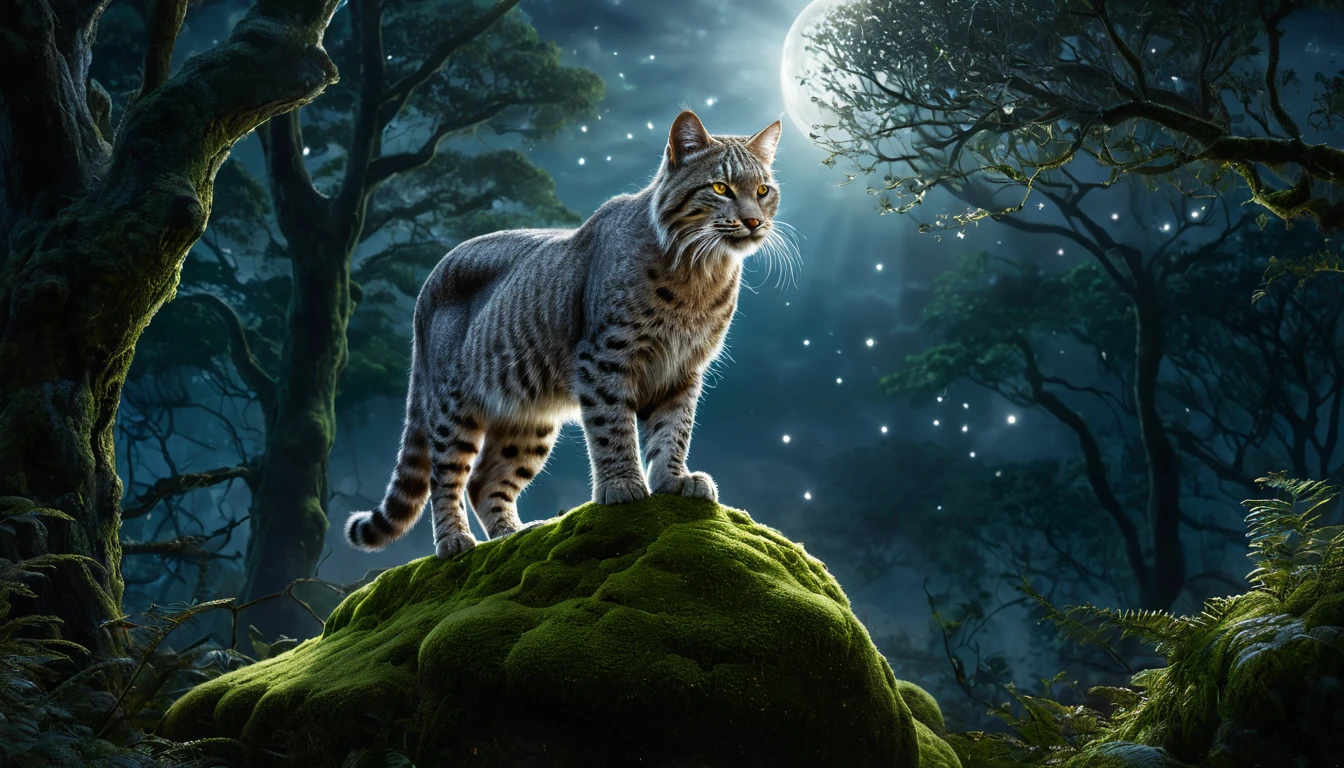 Eine Wildkatze steht majestätisch auf einem moosbedeckten Stein im Wald.