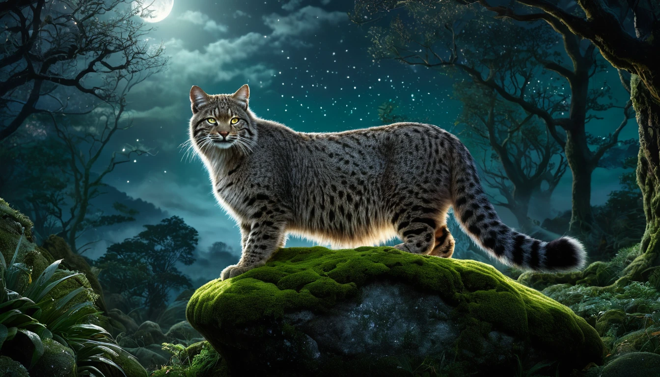 Eine Wildkatze steht majestätisch auf einem moosbedeckten Stein unter dem Mondlicht.