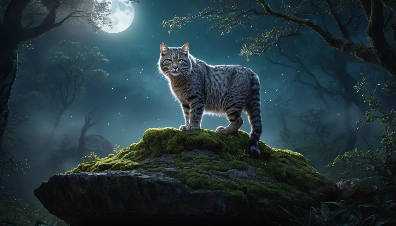 Eine Wildkatze steht majestätisch auf einem moosbedeckten Stein unter dem Mondlicht.