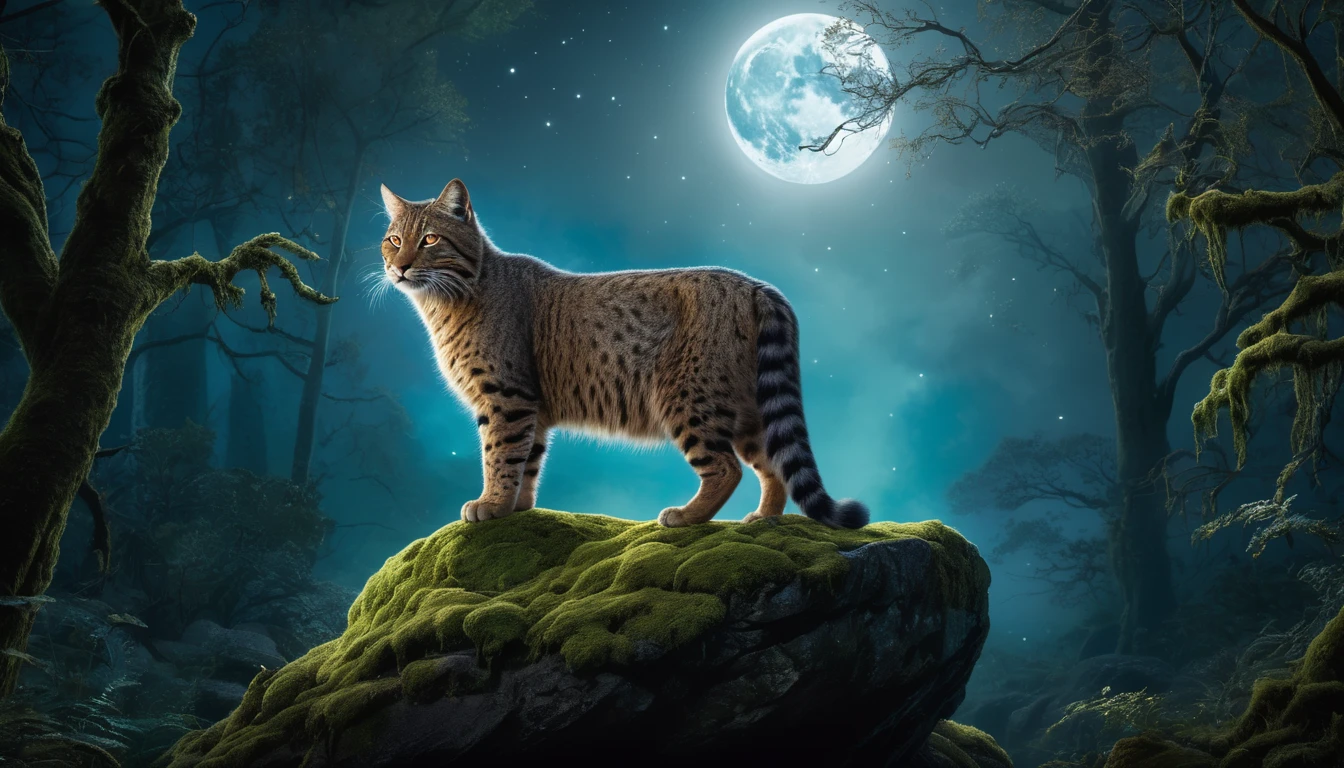 Eine Wildkatze steht majestätisch auf einem moosbedeckten Stein unter dem Mondlicht.