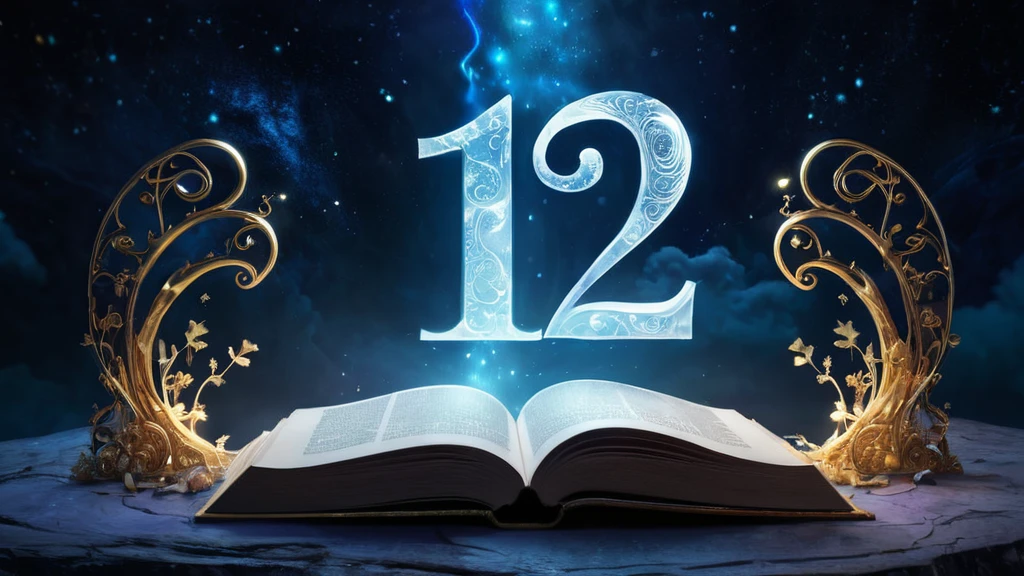 Eine offene Buchseite mit der Zahl 12, umgeben von dekorativen Elementen.