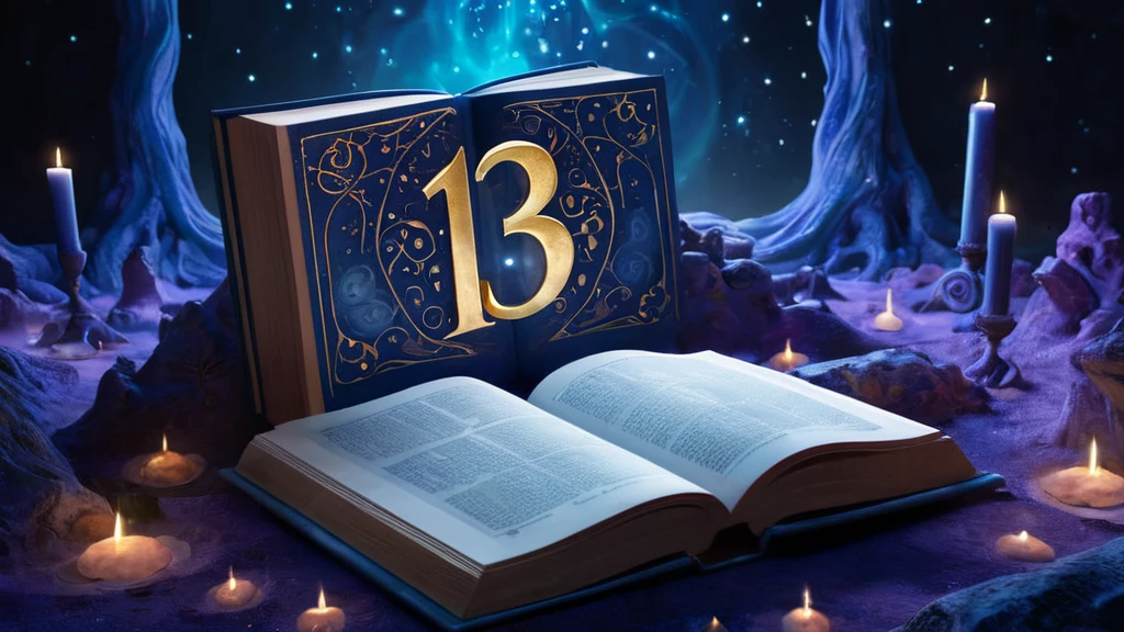 Ein aufgeschlagenes Buch mit der Zahl 13, umgeben von Kerzen und mystischer Atmosphäre.