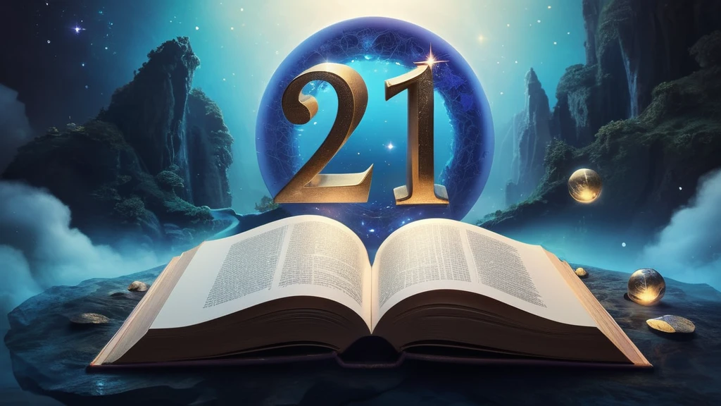 Eine offene Buchseite mit der Zahl 21 und einer mystischen Kulisse.