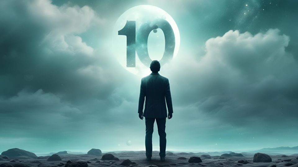 Ein Mann steht vor einer großen Zahl 10, die im Himmel schwebt, umgeben von Wolken.