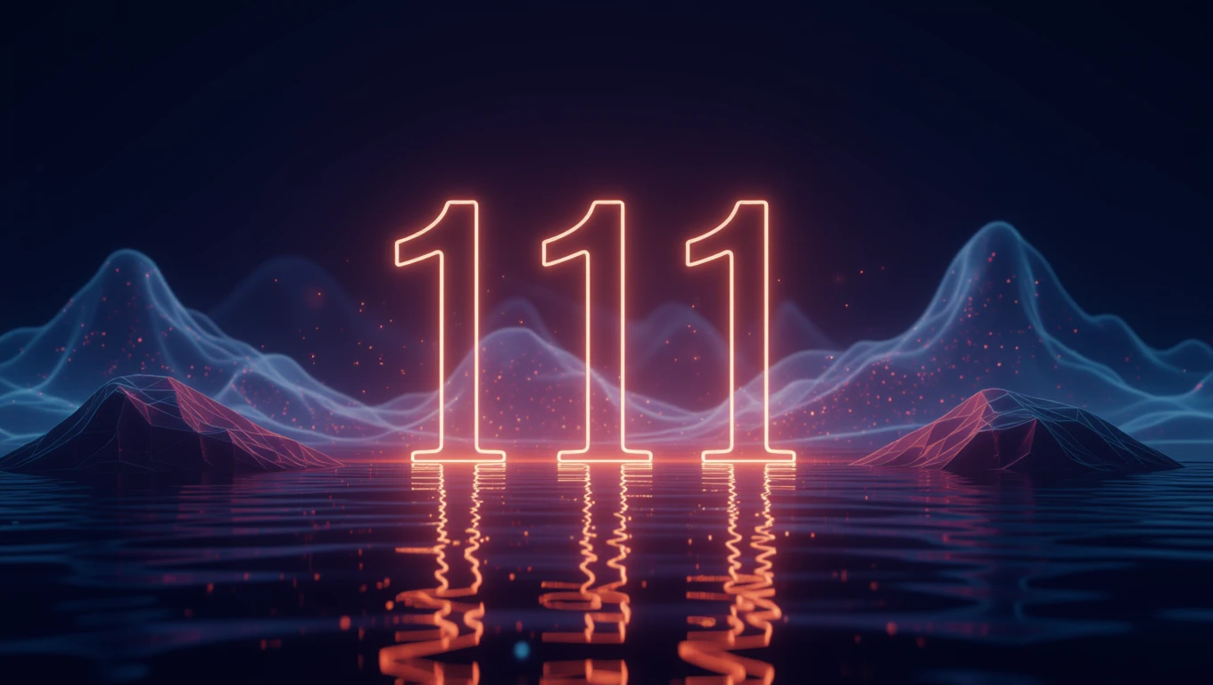 Die Zahl 111 leuchtet in einem futuristischen, digitalen Umfeld über Wasser.