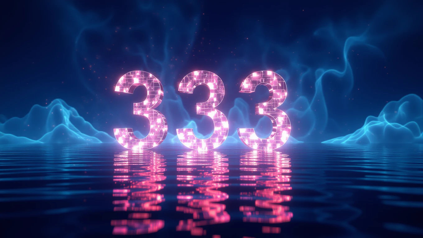 Die Zahl 333 leuchtet in pinken, glitzernden Ziffern über ruhigem Wasser.