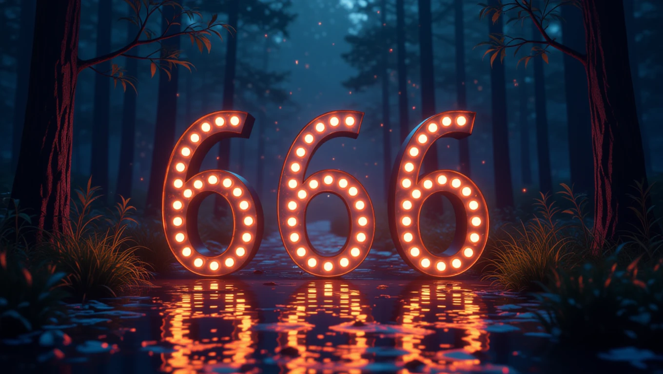 Leuchtende Zahl 666 in einem mystischen Wald mit reflektierendem Wasser.