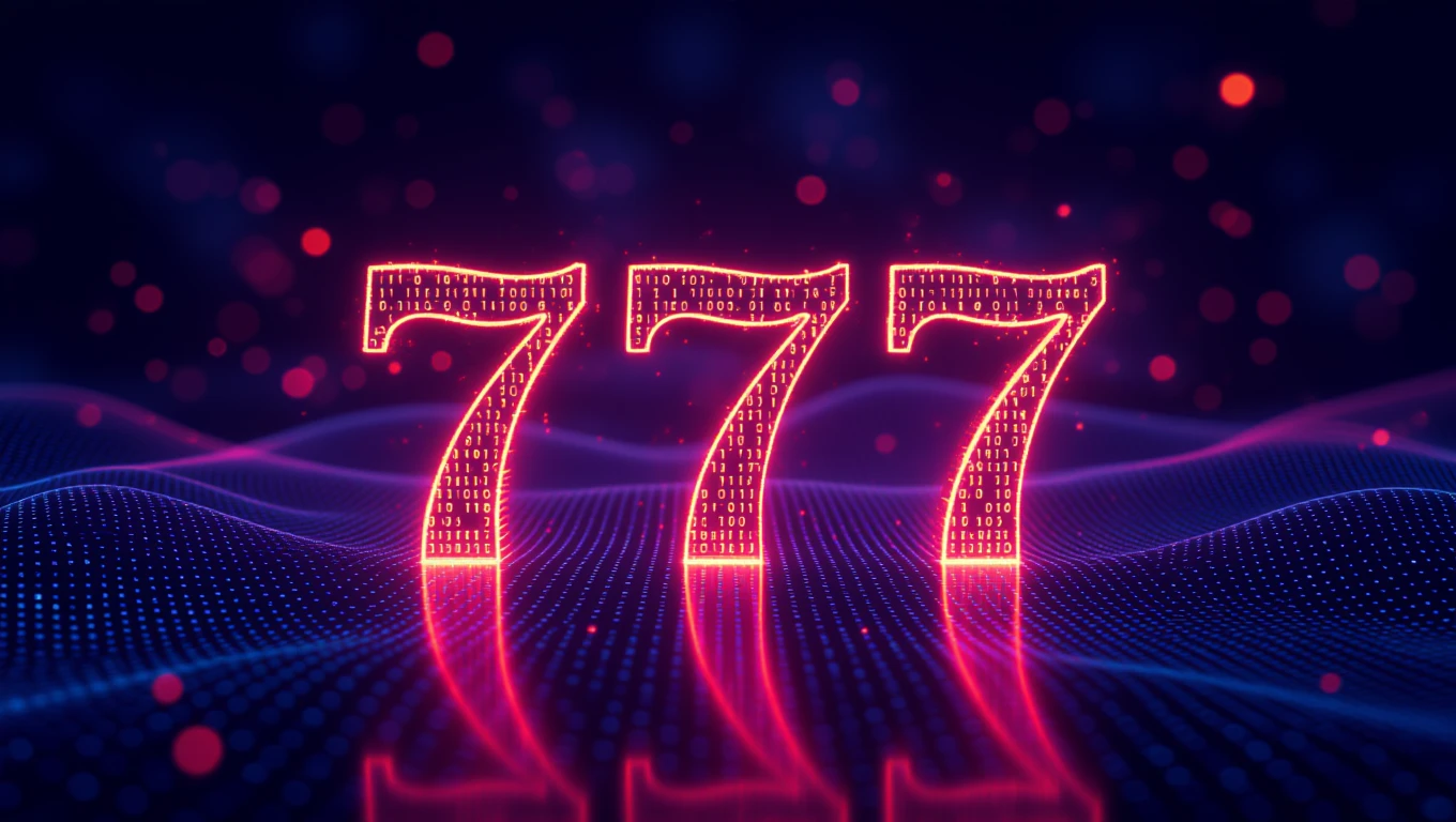 Die Zahl 777 leuchtet in einem digitalen, futuristischen Stil auf einem Hintergrund.