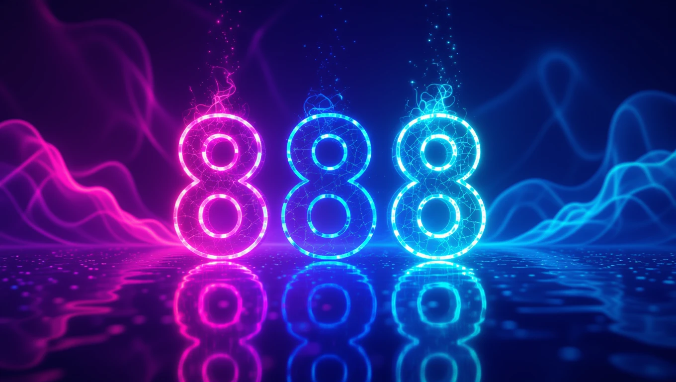 Die Zahl 888 leuchtet in pink und blau, umgeben von sanften Lichtwellen.