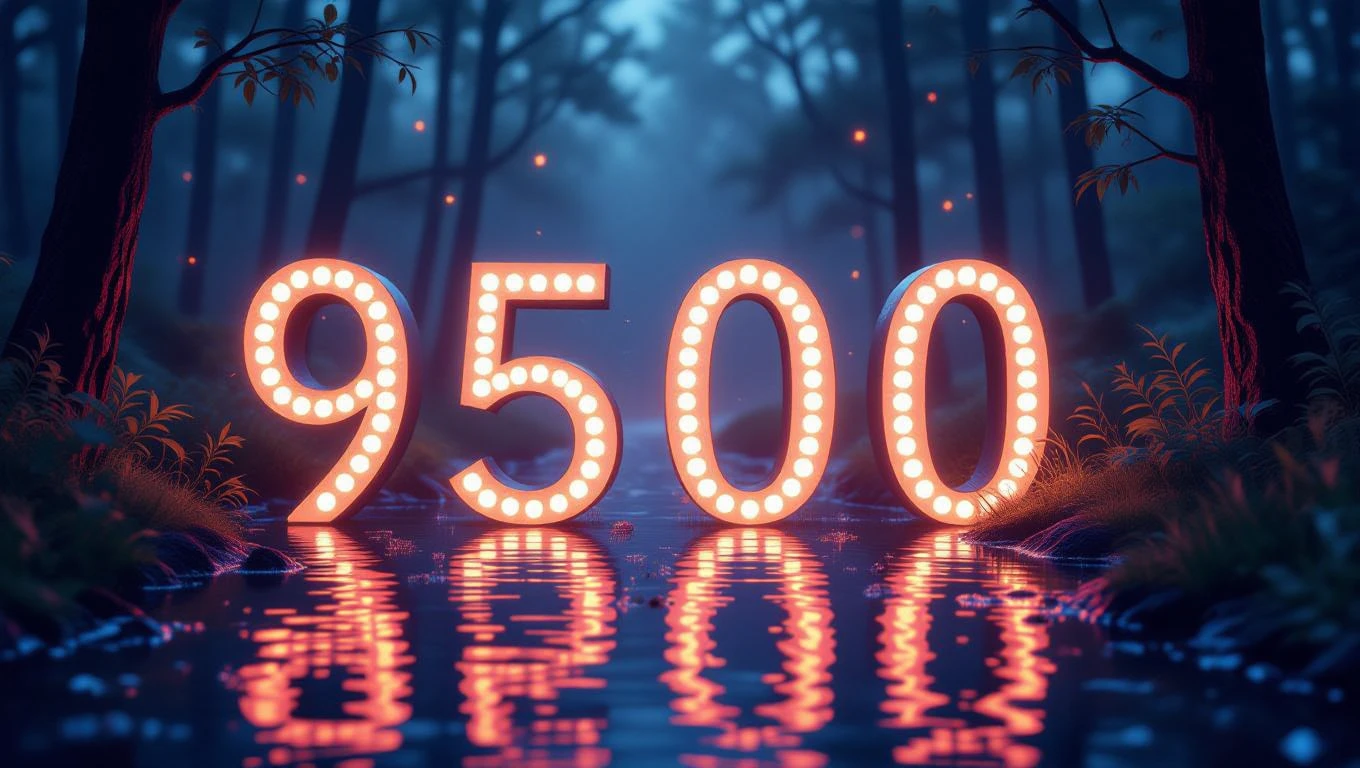 Die leuchtende Zahl 9500 spiegelt sich im Wasser eines mystischen Waldes.